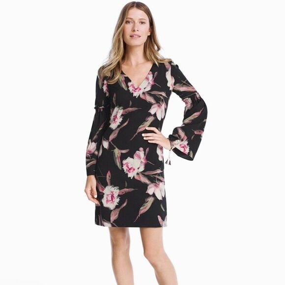 White House Black Market Dresses & Skirts - WHITEHOUSE BLACKMARKET Long-Sleeve Black Floral Bell-Sleeve Shift Dress Size 2